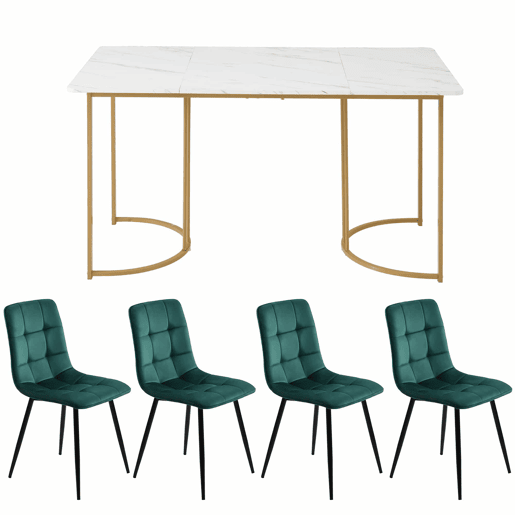 Conjunto de sala de jantar 140x80cm - Mesa com 4 cadeiras de veludo verde escuro e pernas metálicas douradas