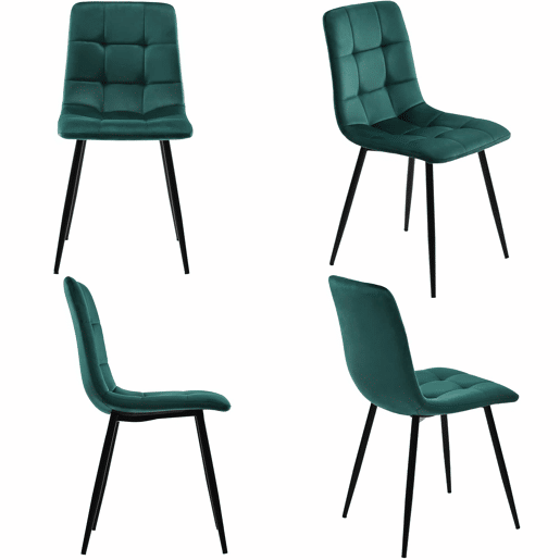 Conjunto de sala de jantar 140x80cm - Mesa com 4 cadeiras de veludo verde escuro e pernas metálicas douradas