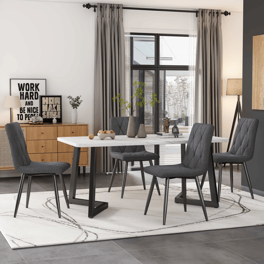Conjunto de sala de jantar 117x68cm - Mesa retangular moderna com 4 cadeiras, tecido de linho cinzento, pernas pretas