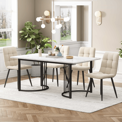 Conjunto de sala de jantar de 5 peças 140x80 cm - Mesa com 4 cadeiras de veludo bege - Estrutura metálica preta