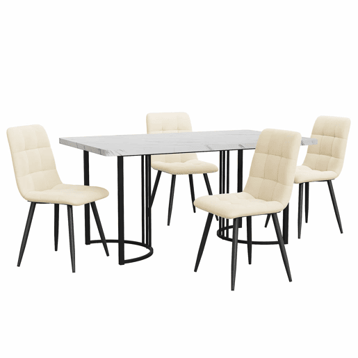 Conjunto de sala de jantar de 5 peças 140x80 cm - Mesa com 4 cadeiras de veludo bege - Estrutura metálica preta