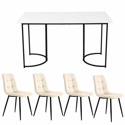 Conjunto de sala de jantar de 5 peças 140x80 cm - Mesa com 4 cadeiras de veludo bege - Estrutura metálica preta