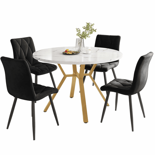 Conjunto de mesa e cadeiras 5 peças - Mesa redonda de mármore, pernas metálicas douradas, 4 cadeiras ergonómicas de veludo - Preto, Dourado