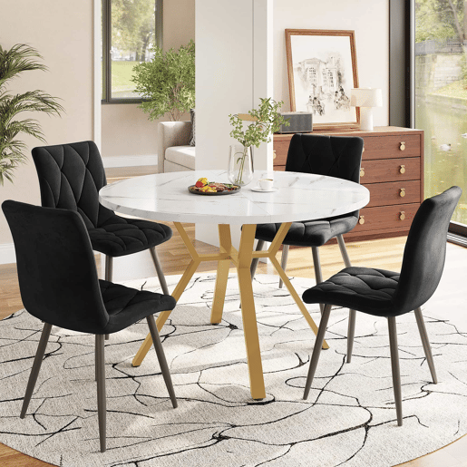 Conjunto de mesa e cadeiras 5 peças - Mesa redonda de mármore, pernas metálicas douradas, 4 cadeiras ergonómicas de veludo - Preto, Dourado