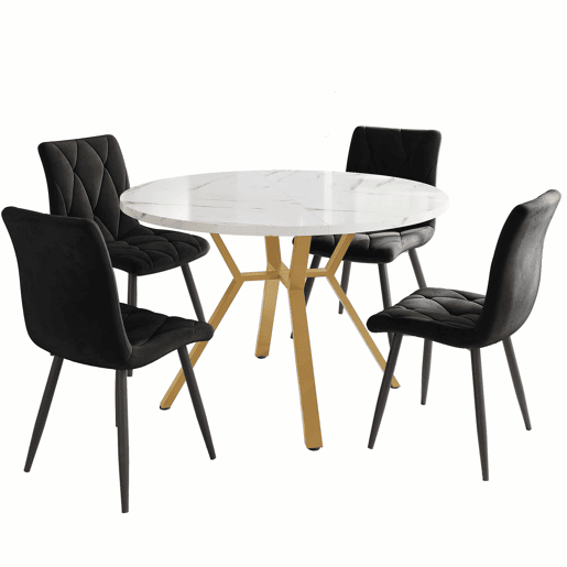 Conjunto de mesa e cadeiras 5 peças - Mesa redonda de mármore, pernas metálicas douradas, 4 cadeiras ergonómicas de veludo - Preto, Dourado