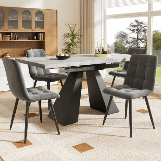 Conjunto de sala de jantar de 5 peças 160×80×75 cm - Mesa extensível com 4 cadeiras de veludo cinzento - Preto e cinzento