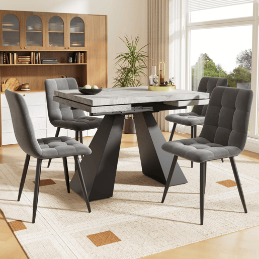 Conjunto de sala de jantar de 5 peças 160×80×75 cm - Mesa extensível com 4 cadeiras de veludo cinzento - Preto e cinzento