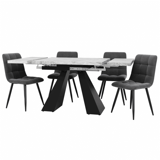 Conjunto de sala de jantar de 5 peças 160×80×75 cm - Mesa extensível com 4 cadeiras de veludo cinzento - Preto e cinzento