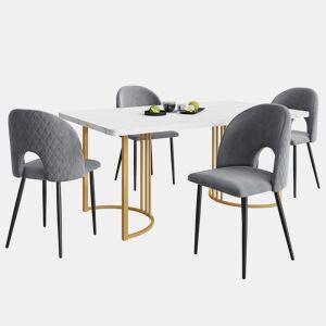 Conjunto de mesa e cadeiras 140×80 cm - Mesa de jantar moderna, cadeiras de veludo, pernas douradas - Cinza