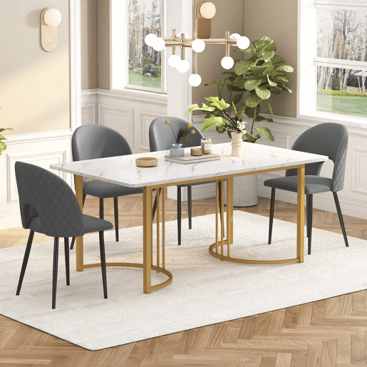 Conjunto de mesa e cadeiras 140×80 cm - Mesa de jantar moderna, cadeiras de veludo, pernas douradas - Cinza