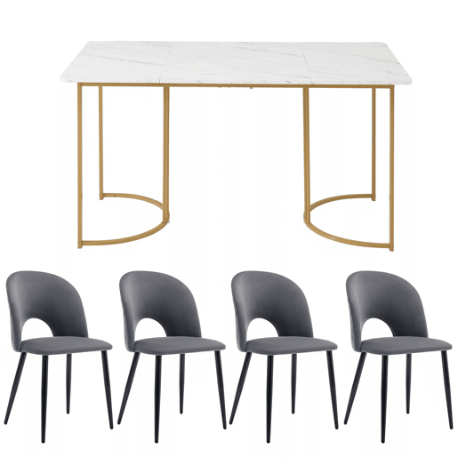 Conjunto de mesa e cadeiras 140×80 cm - Mesa de jantar moderna, cadeiras de veludo, pernas douradas - Cinza