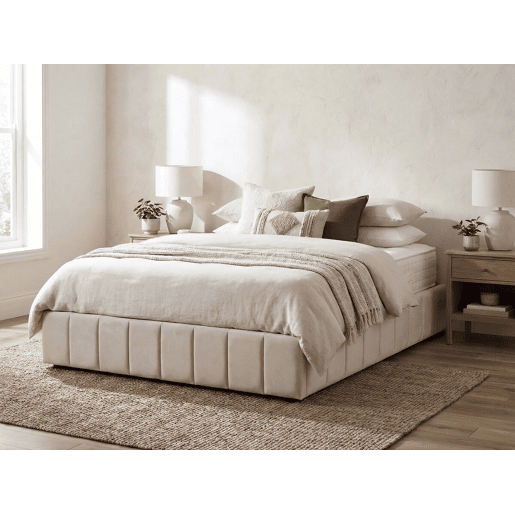 Cama de casal em veludo com baú > - Bege - 140 x 190 cm Cama de casal em veludo com baú > - Bege - 140 x 190 cm