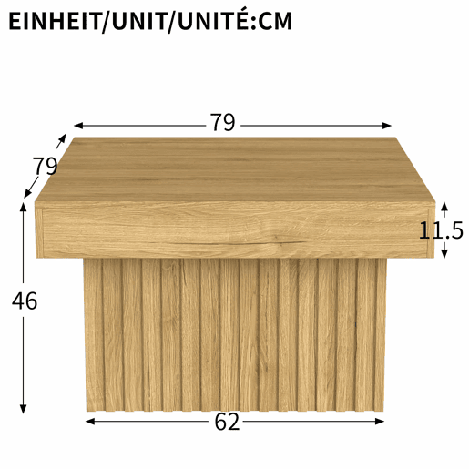 Mesa de centro 79x79x46 cm - Design moderno, base em MDF, tampo em PB, robusta - Natural