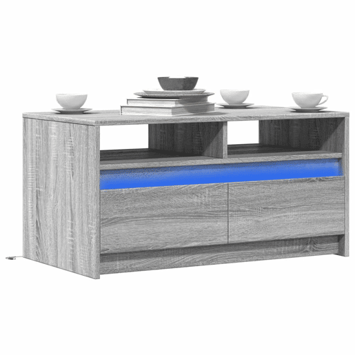Mesa de Centro, Mesa baixa, c luzes LED derivados madeira cinzento sonoma