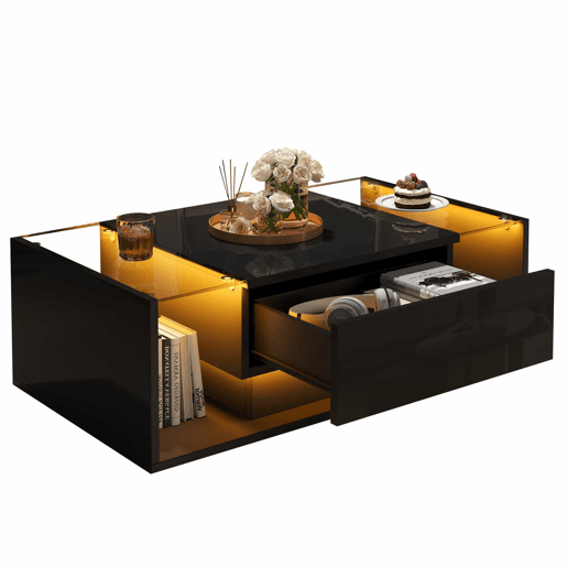 Mesa de centro 100x50x31 cm - com 1 gaveta e luz LED - mesa de vidro temperado - preta