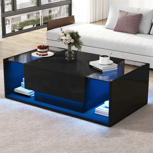 Mesa de centro 100x50x31 cm - com 1 gaveta e luz LED - mesa de vidro temperado - preta