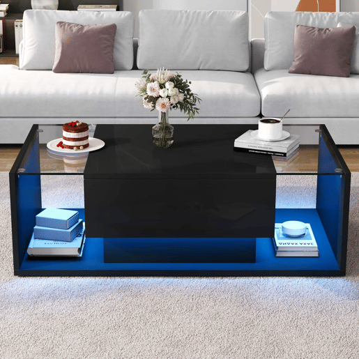 Mesa de centro 100x50x31 cm - com 1 gaveta e luz LED - mesa de vidro temperado - preta