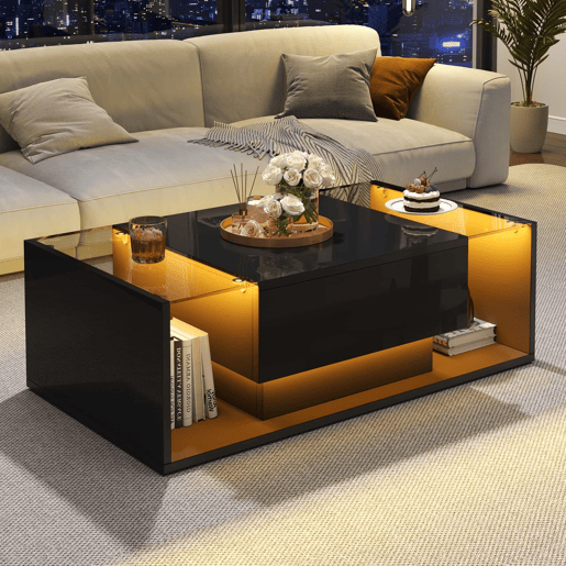 Mesa de centro 100x50x31 cm - com 1 gaveta e luz LED - mesa de vidro temperado - preta