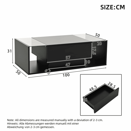 Mesa de centro 100x50x31 cm - com 1 gaveta e luz LED - mesa de vidro temperado - preta