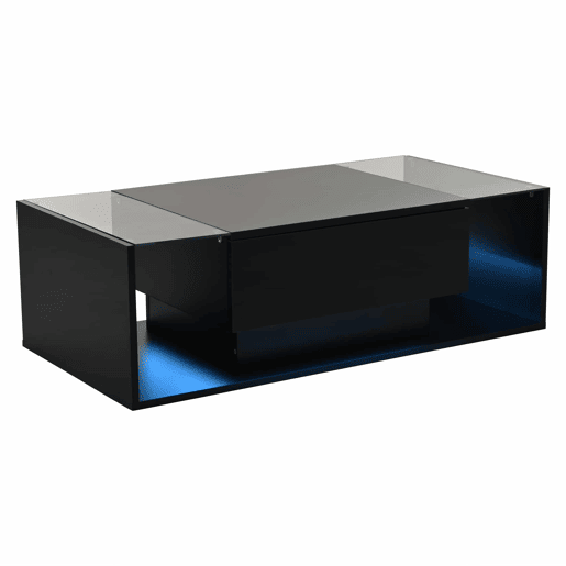 Mesa de centro 100x50x31 cm - com 1 gaveta e luz LED - mesa de vidro temperado - preta