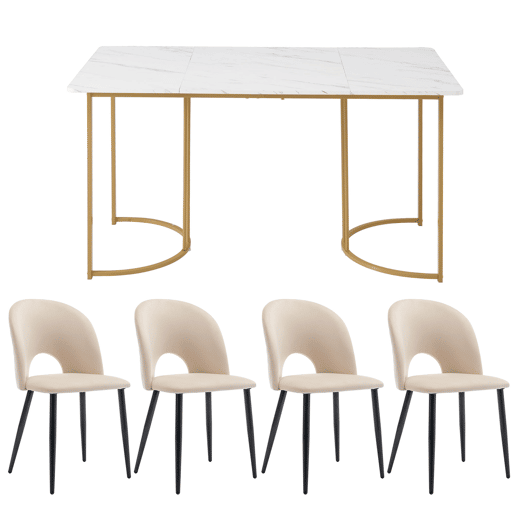 Conjunto de mesa e cadeiras 140x80cm - Mesa com 4 cadeiras de veludo com padrão diamante, pernas douradas, branco