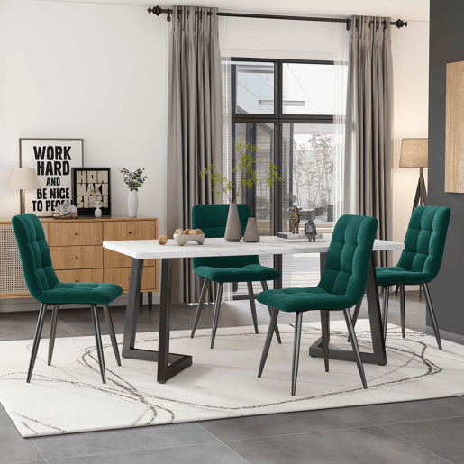 Conjunto de mesa de jantar 117 cm - Mesa retangular com 4 cadeiras, tecido de veludo verde, pernas pretas