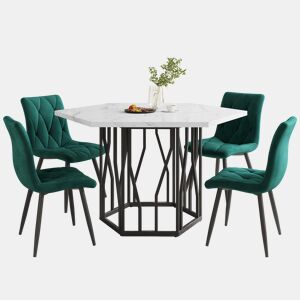 Conjunto de sala de jantar de 5 peças - Mesa de jantar hexagonal em mármore + 4 cadeiras de jantar em veludo verde - BrancoVerde