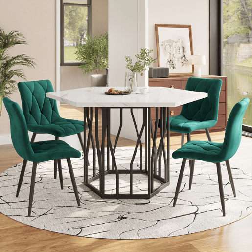 Conjunto de sala de jantar de 5 peças - Mesa de jantar hexagonal em mármore + 4 cadeiras de jantar em veludo verde - BrancoVerde