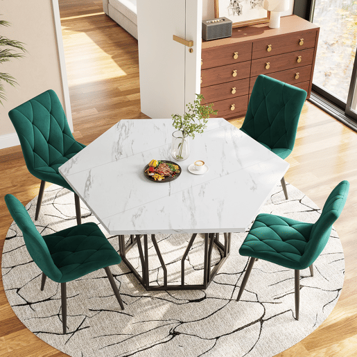 Conjunto de sala de jantar de 5 peças - Mesa de jantar hexagonal em mármore + 4 cadeiras de jantar em veludo verde - BrancoVerde