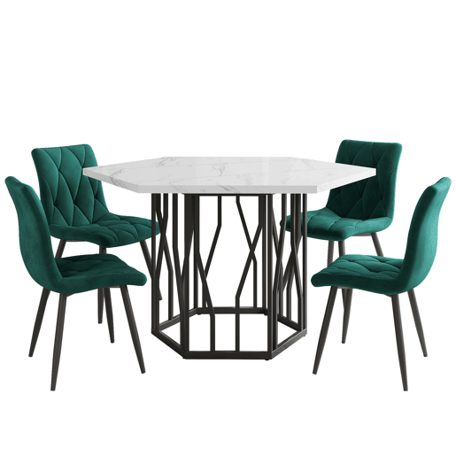 Conjunto de sala de jantar de 5 peças - Mesa de jantar hexagonal em mármore + 4 cadeiras de jantar em veludo verde - BrancoVerde