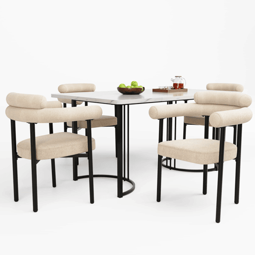 Conjunto de sala de jantar de 5 peças - pernas metálicas de design - 4 cadeiras estofadas em couro bege Conjunto de sala de jantar de 5 peças - pernas metálicas de design - 4 cadeiras estofadas em couro bege