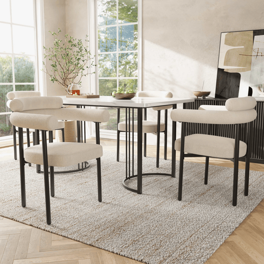 Conjunto de sala de jantar de 5 peças - pernas metálicas de design - 4 cadeiras estofadas em couro bege Conjunto de sala de jantar de 5 peças - pernas metálicas de design - 4 cadeiras estofadas em couro bege
