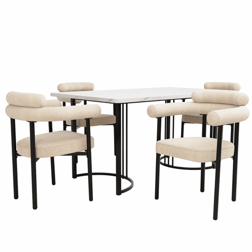 Conjunto de sala de jantar de 5 peças - pernas metálicas de design - 4 cadeiras estofadas em couro bege Conjunto de sala de jantar de 5 peças - pernas metálicas de design - 4 cadeiras estofadas em couro bege