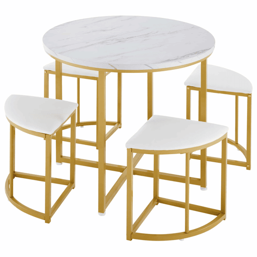Mesa de jantar e 4 cadeiras - tampo em MDF, estrutura em ferro dourado e almofadas em veludo branco - Branco e dourado