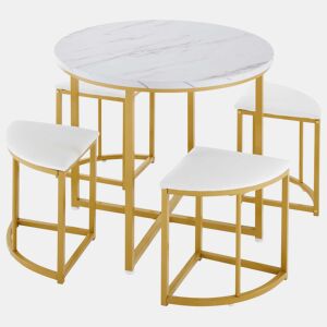 Mesa de jantar e 4 cadeiras - tampo em MDF, estrutura em ferro dourado e almofadas em veludo branco - Branco e dourado