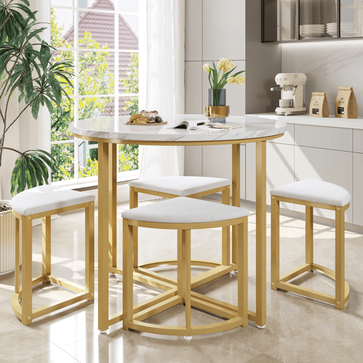 Mesa de jantar e 4 cadeiras - tampo em MDF, estrutura em ferro dourado e almofadas em veludo branco - Branco e dourado
