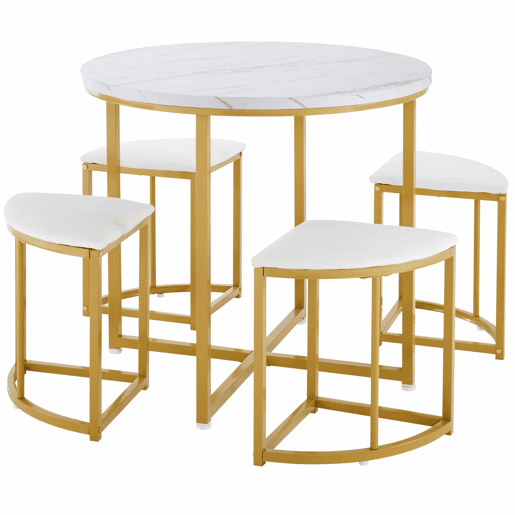 Mesa de jantar e 4 cadeiras - tampo em MDF, estrutura em ferro dourado e almofadas em veludo branco - Branco e dourado
