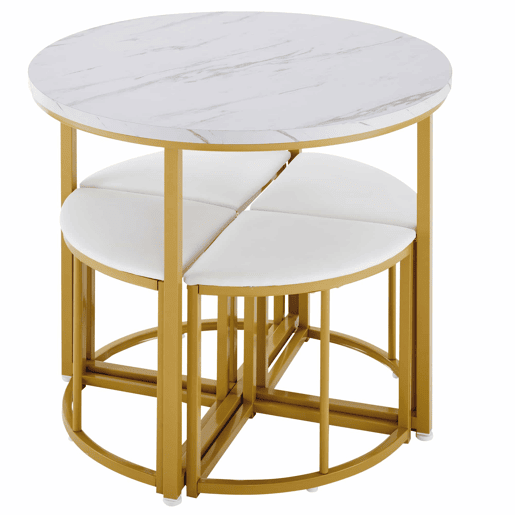 Mesa de jantar e 4 cadeiras - tampo em MDF, estrutura em ferro dourado e almofadas em veludo branco - Branco e dourado