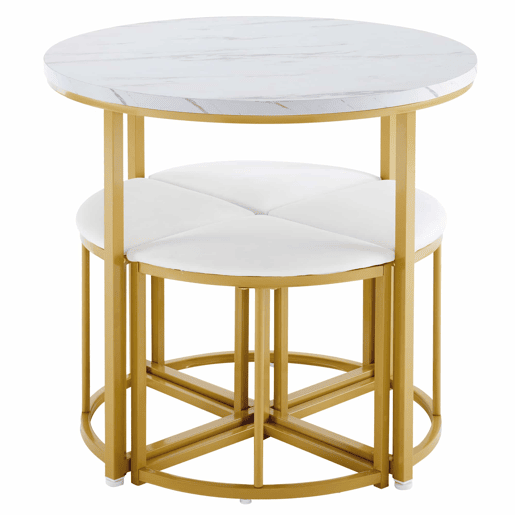 Mesa de jantar e 4 cadeiras - tampo em MDF, estrutura em ferro dourado e almofadas em veludo branco - Branco e dourado