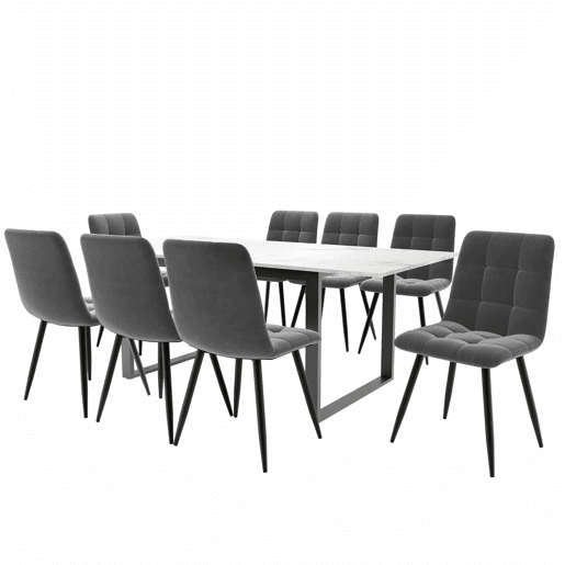 Conjunto de sala de jantar 140180x80cm - Mesa moderna com 8 cadeiras, veludo cinzento, pernas pretas, MDF