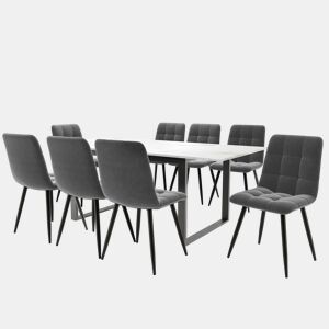 Conjunto de sala de jantar 140180x80cm - Mesa moderna com 8 cadeiras, veludo cinzento, pernas pretas, MDF