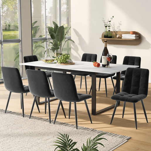 Conjunto de sala de jantar 140180x80cm - Mesa moderna com 8 cadeiras, veludo cinzento, pernas pretas, MDF
