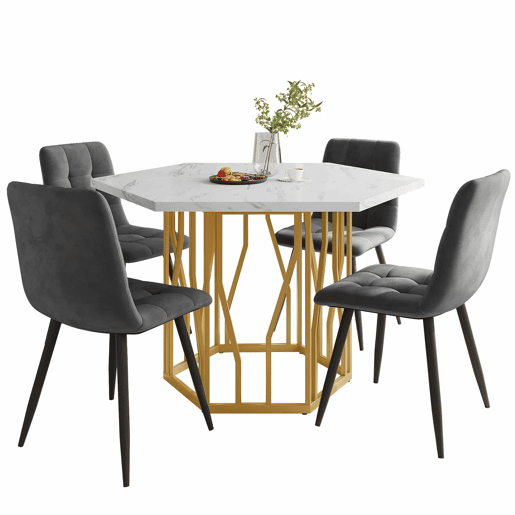 Conjunto de mesa e cadeiras 5 peças - Mesa hexagonal de mármore + 4 cadeiras de veludo cinza - Dourado