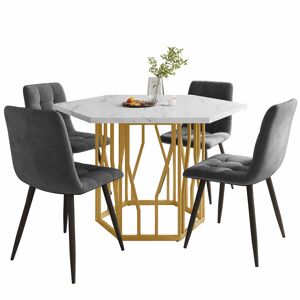Conjunto de mesa e cadeiras 5 peças - Mesa hexagonal de mármore + 4 cadeiras de veludo cinza - Dourado