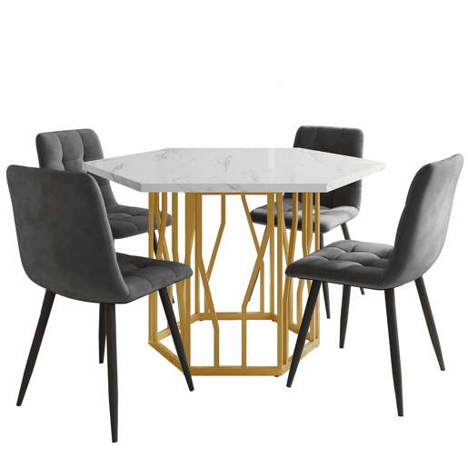 Conjunto de mesa e cadeiras 5 peças - Mesa hexagonal de mármore + 4 cadeiras de veludo cinza - Dourado