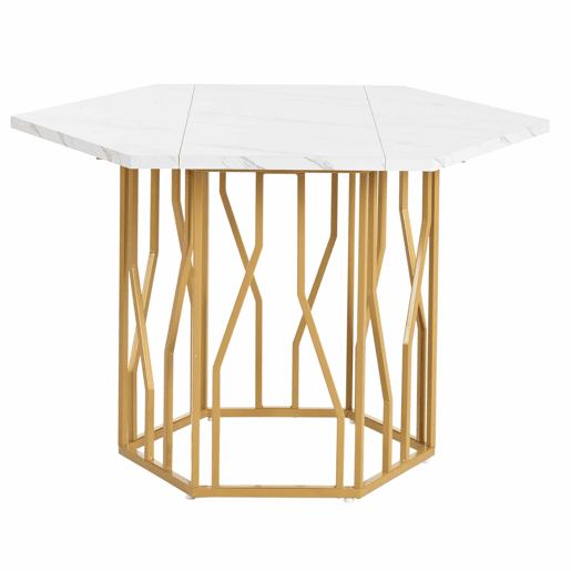 Conjunto de mesa e cadeiras 5 peças - Mesa hexagonal de mármore + 4 cadeiras de veludo cinza - Dourado