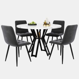Conjunto de sala de jantar de 5 peças - Mesa redonda de 100 cm, pernas pretas, tampo em mármore branco, cadeiras em veludo cinzento - Multicolorido