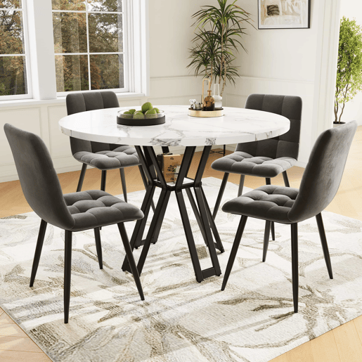 Conjunto de sala de jantar de 5 peças - Mesa redonda de 100 cm, pernas pretas, tampo em mármore branco, cadeiras em veludo cinzento - Multicolorido