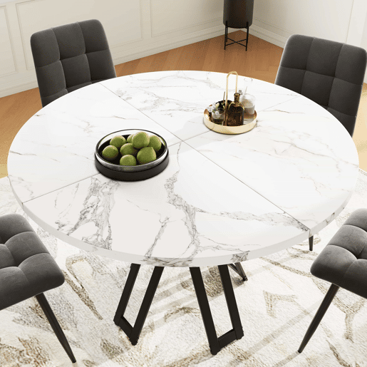 Conjunto de sala de jantar de 5 peças - Mesa redonda de 100 cm, pernas pretas, tampo em mármore branco, cadeiras em veludo cinzento - Multicolorido