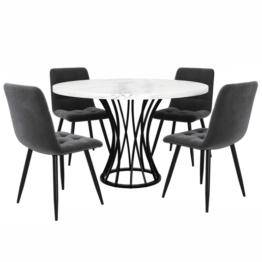 Conjunto de sala de jantar de 5 peças - Mesa redonda de 100 cm, pernas pretas, tampo em mármore branco, cadeiras em veludo cinzento - Multicolorido